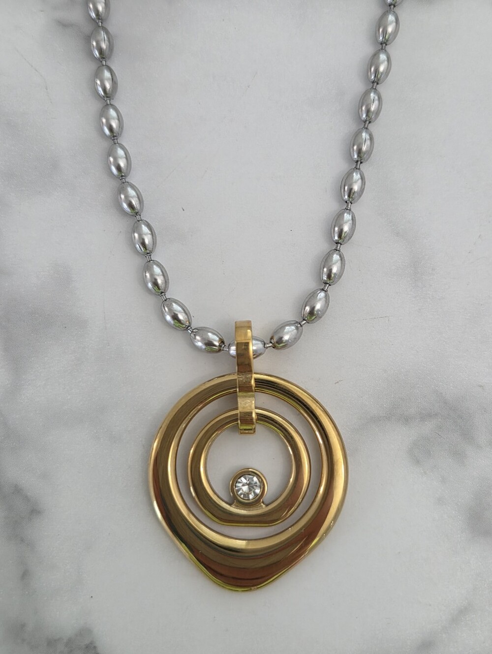 ​Gold & Silver Spiral Circle Pendant Necklace Clear Rhinestone - Picture 4 of 13